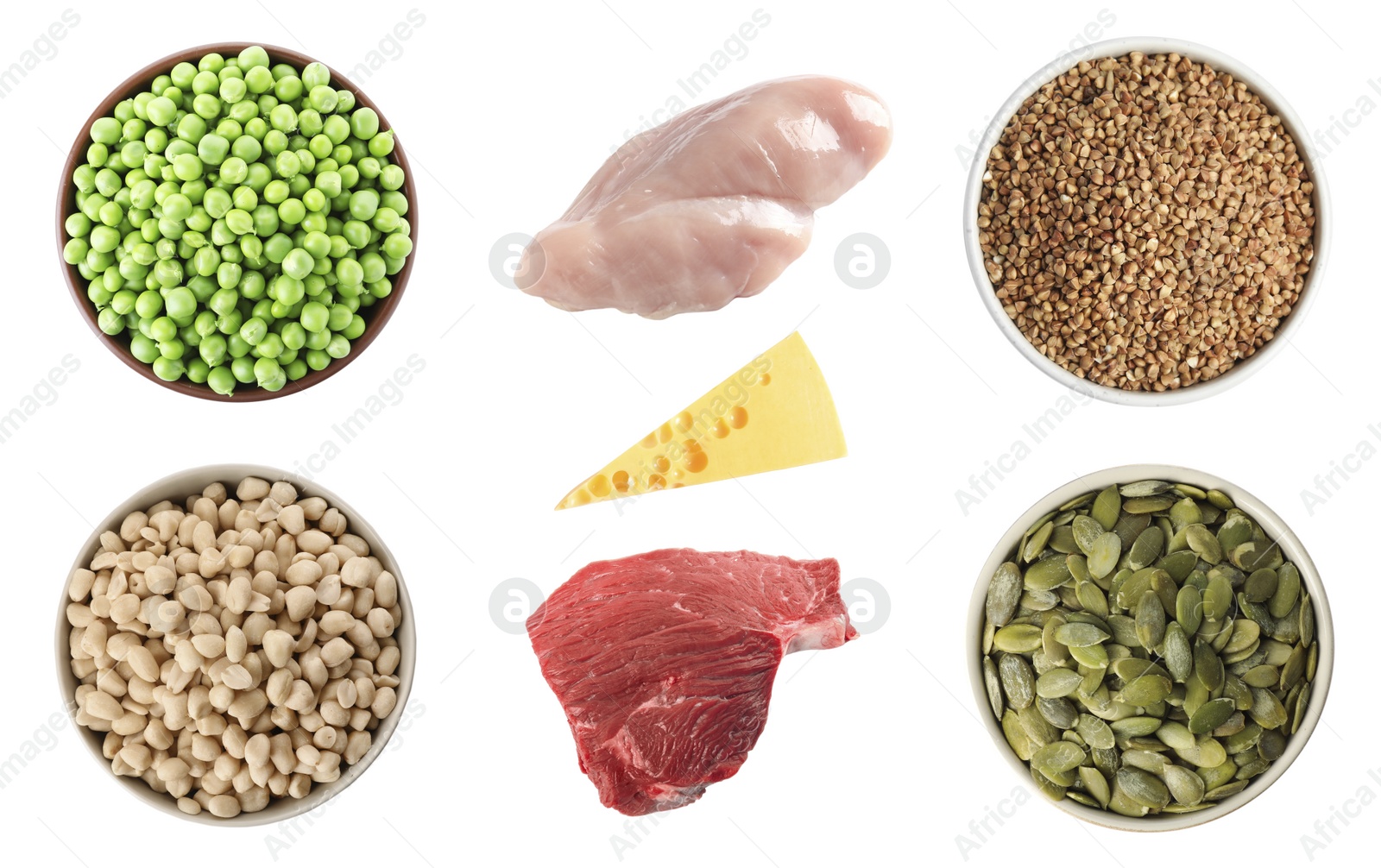 Image of Set with food rich in protein on white background