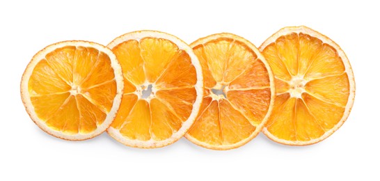 Photo of Delicious dry orange slices on white background, top view