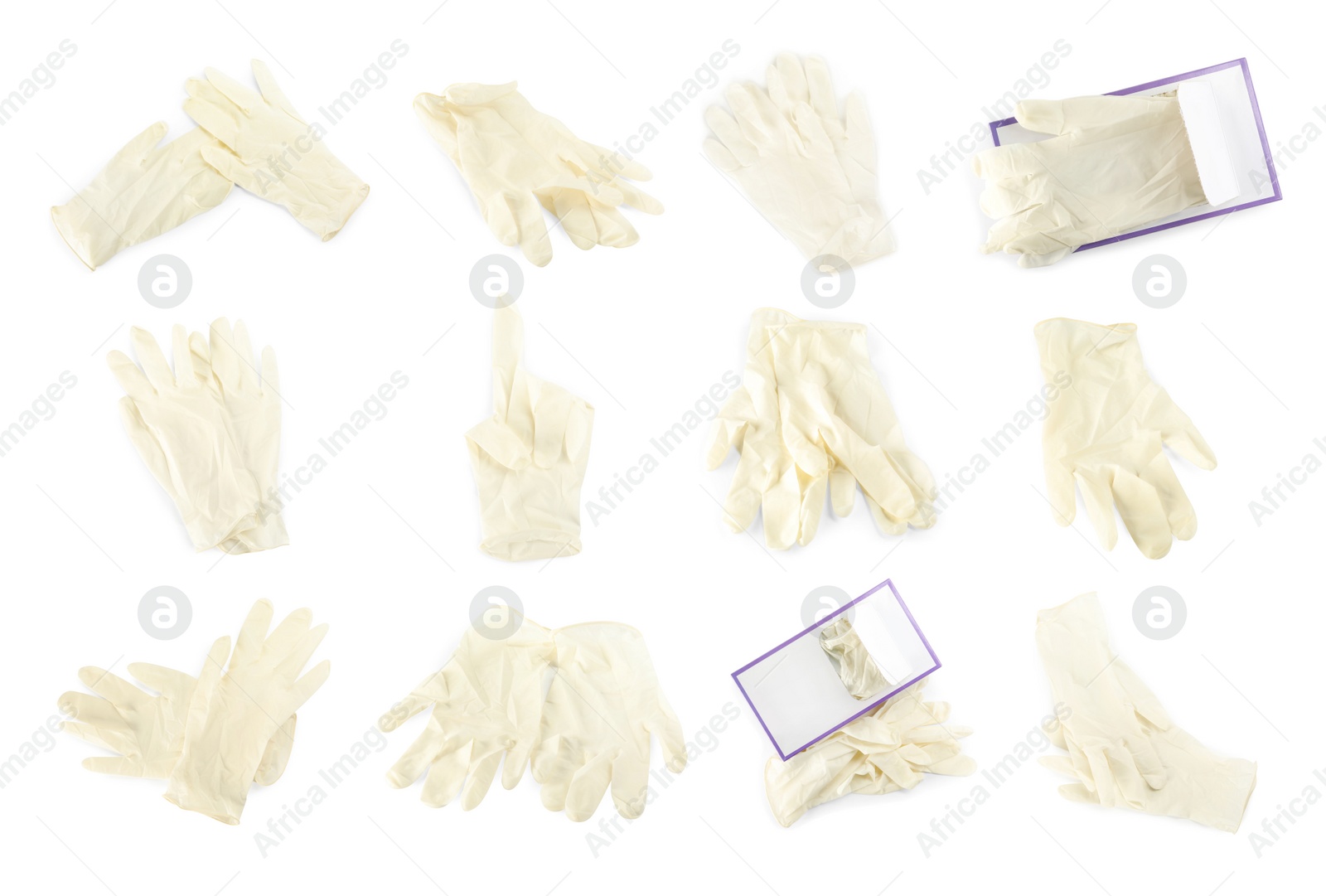 Image of Set of medical gloves on white background