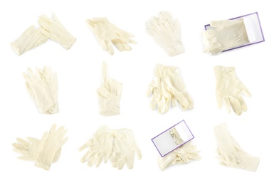 Image of Set of medical gloves on white background