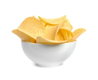 Photo of Bowl of tasty crispy potato chips on white background