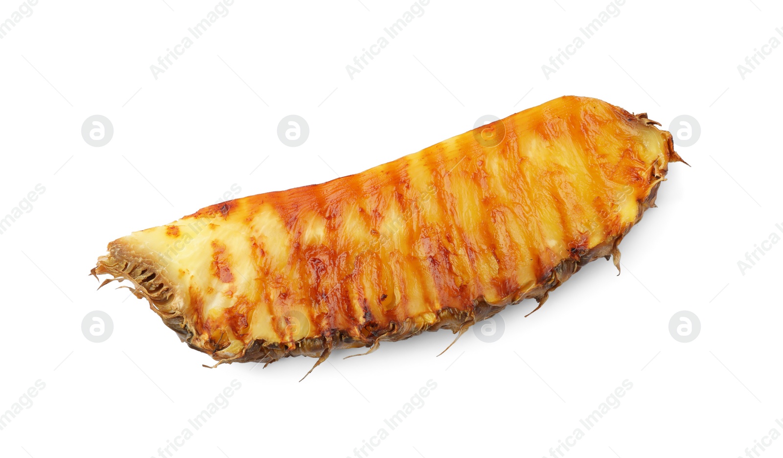 Photo of Piece of tasty grilled pineapple isolated on white, top view