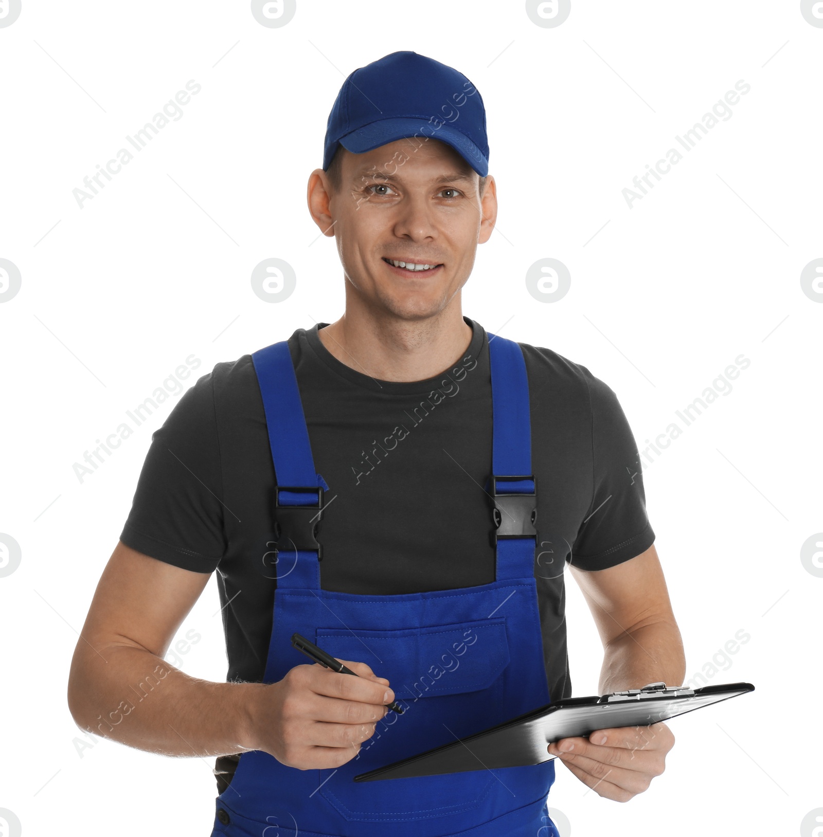 Photo of Portrait of professional auto mechanic with clipboard on white background