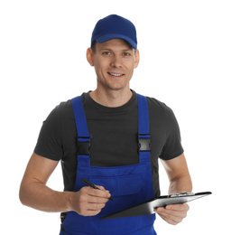 Portrait of professional auto mechanic with clipboard on white background