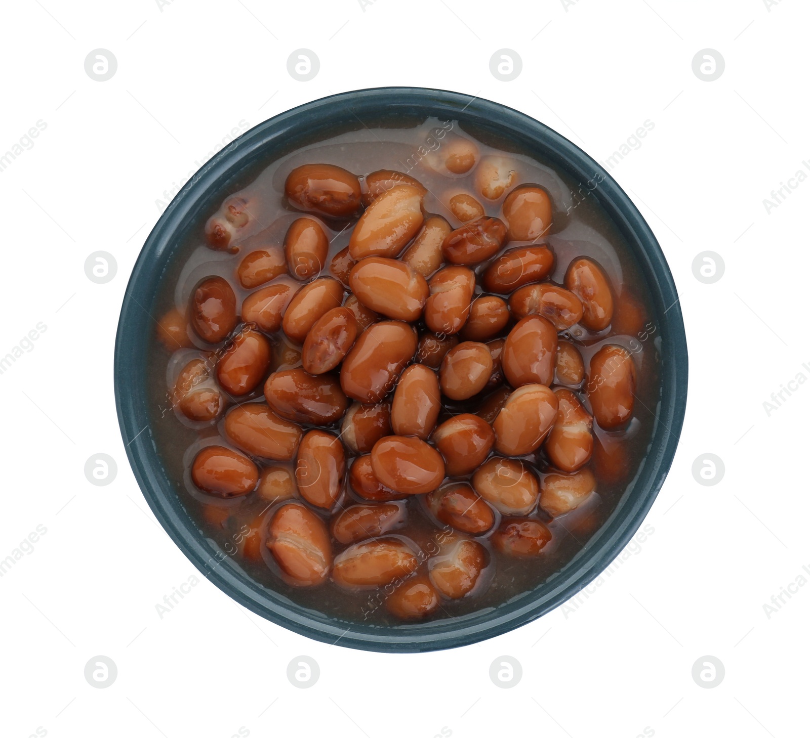 Photo of Bowl of canned kidney beans on white background, top view