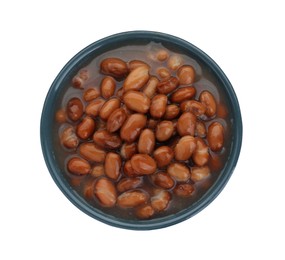 Photo of Bowl of canned kidney beans on white background, top view