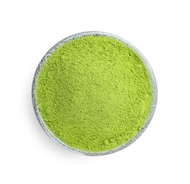Photo of Bowl of matcha powder isolated on white, top view