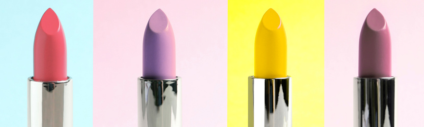 Image of Collage with photos of different lipsticks on color backgrounds, banner design 