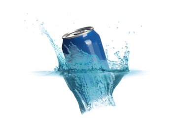 Image of Blue aluminum can with splash of water on white background