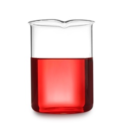 Photo of Laboratory glassware with color sample on white background. Solution chemistry