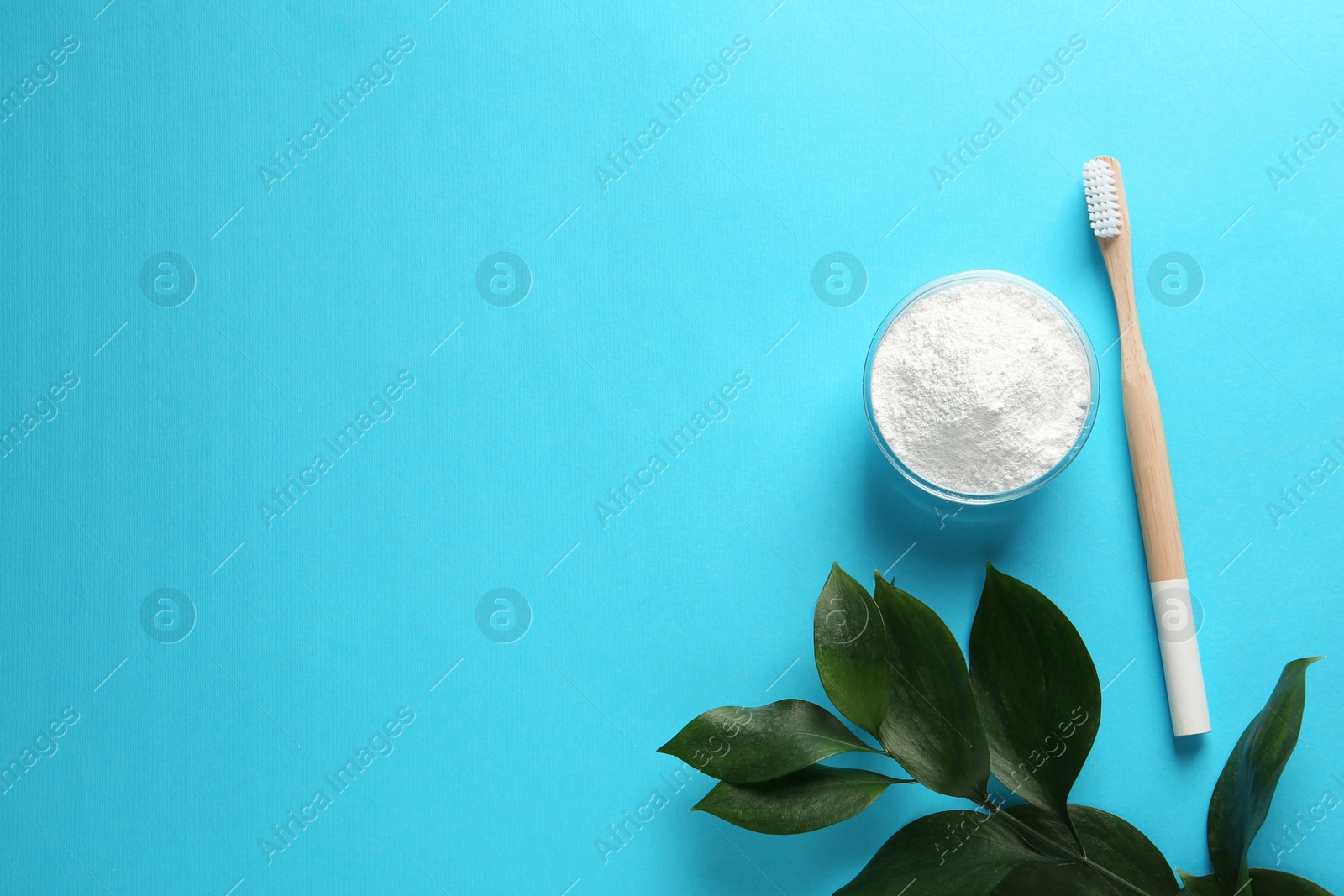 Photo of Bowl of tooth powder, brush and plant on turquoise background, flat lay. Space for text