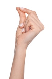Photo of Woman snapping fingers on white background, closeup of hand