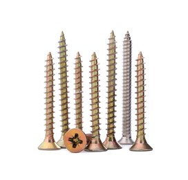 Photo of Metal screws isolated on white. Hardware tools