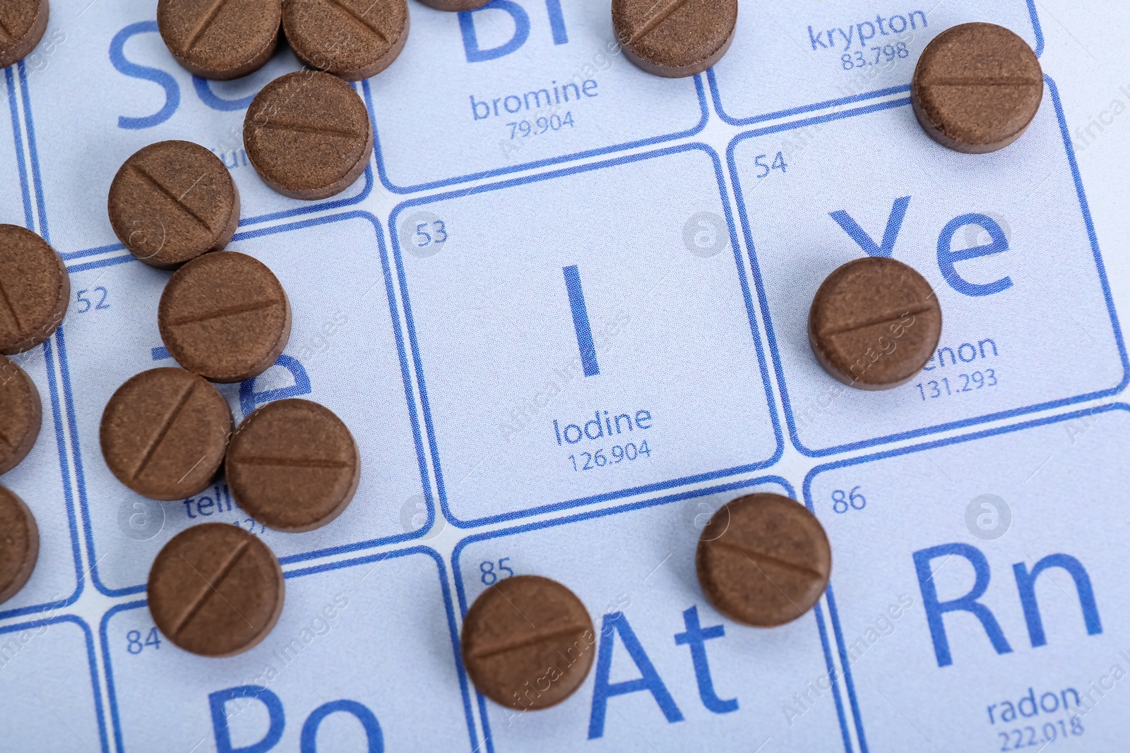 Photo of Symbol Iodine and pills on periodic table of elements, top view