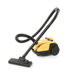 Photo of Modern yellow vacuum cleaner isolated on white