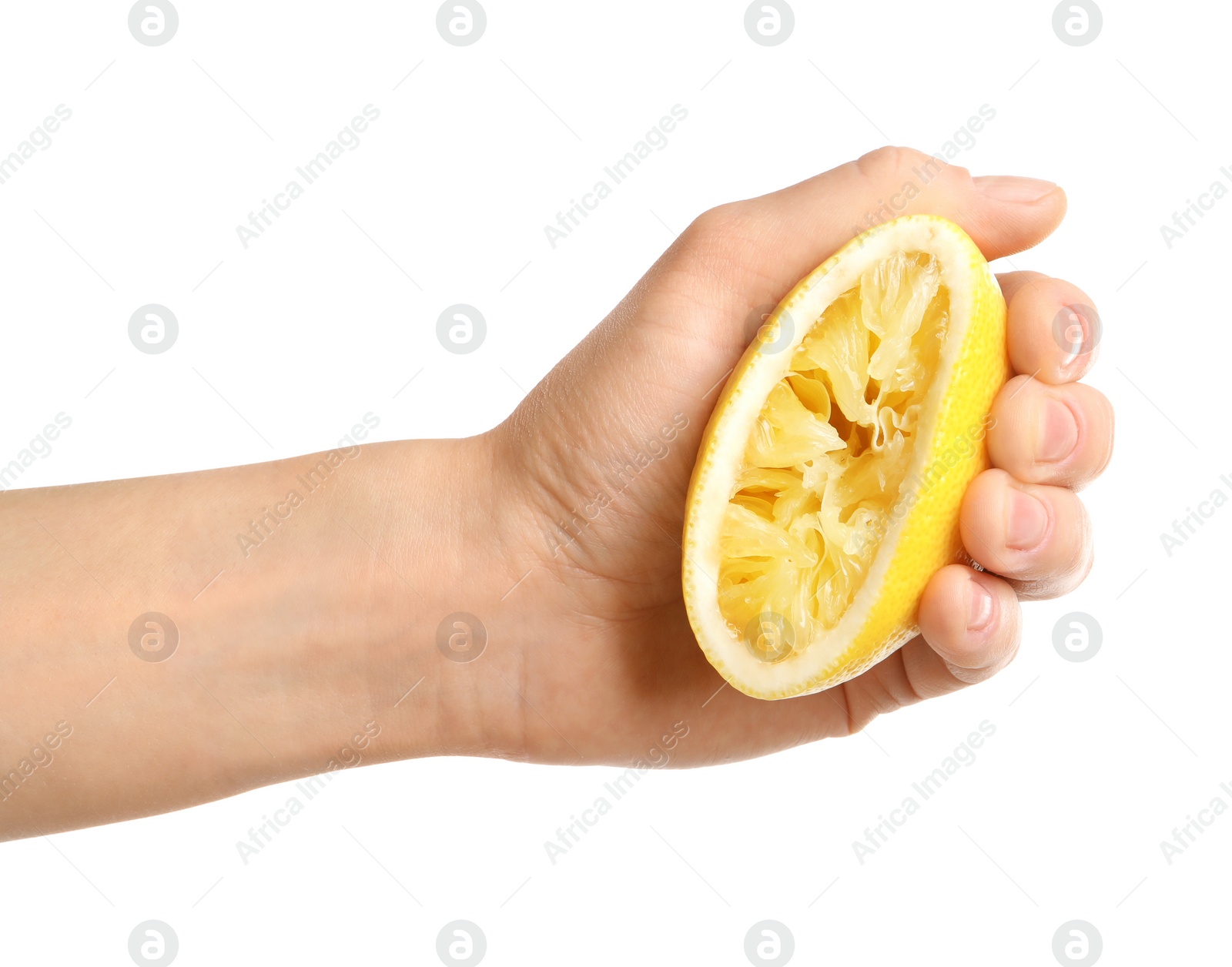 Photo of Woman squeezing lemon half on white background, closeup