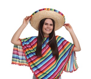 Young woman in Mexican sombrero hat and poncho on white background