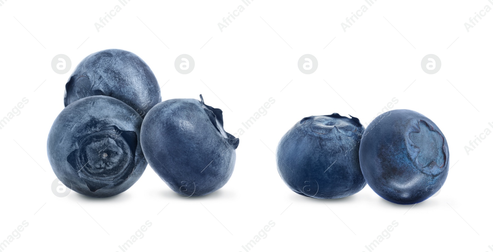 Image of Whole ripe blueberries on white background. Banner design