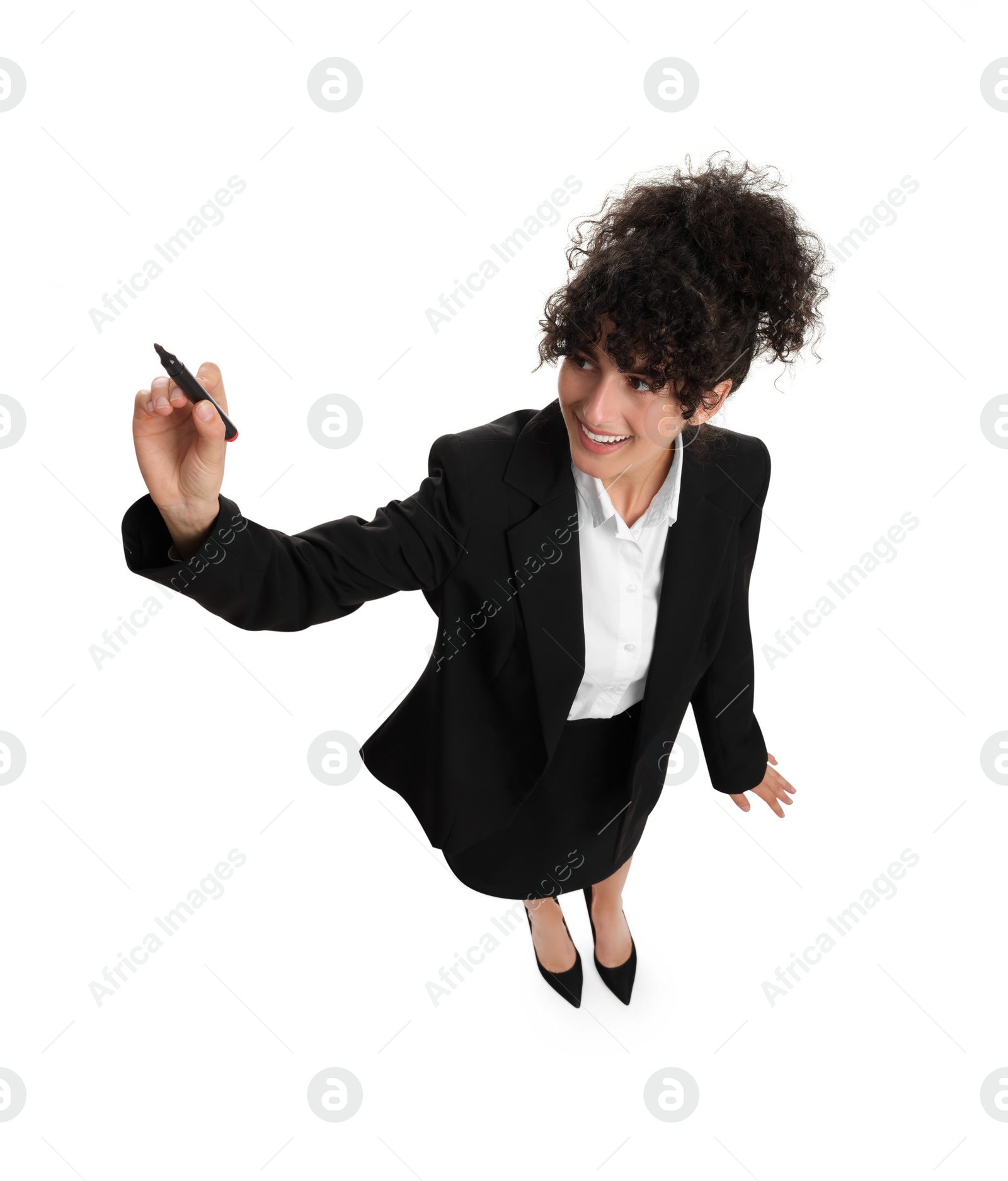 Photo of Beautiful businesswoman in suit with marker on white background, above view