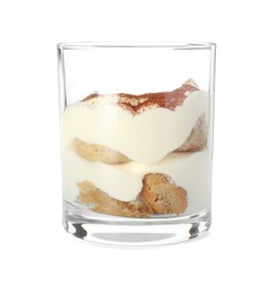 Photo of Delicious tiramisu in glass isolated on white