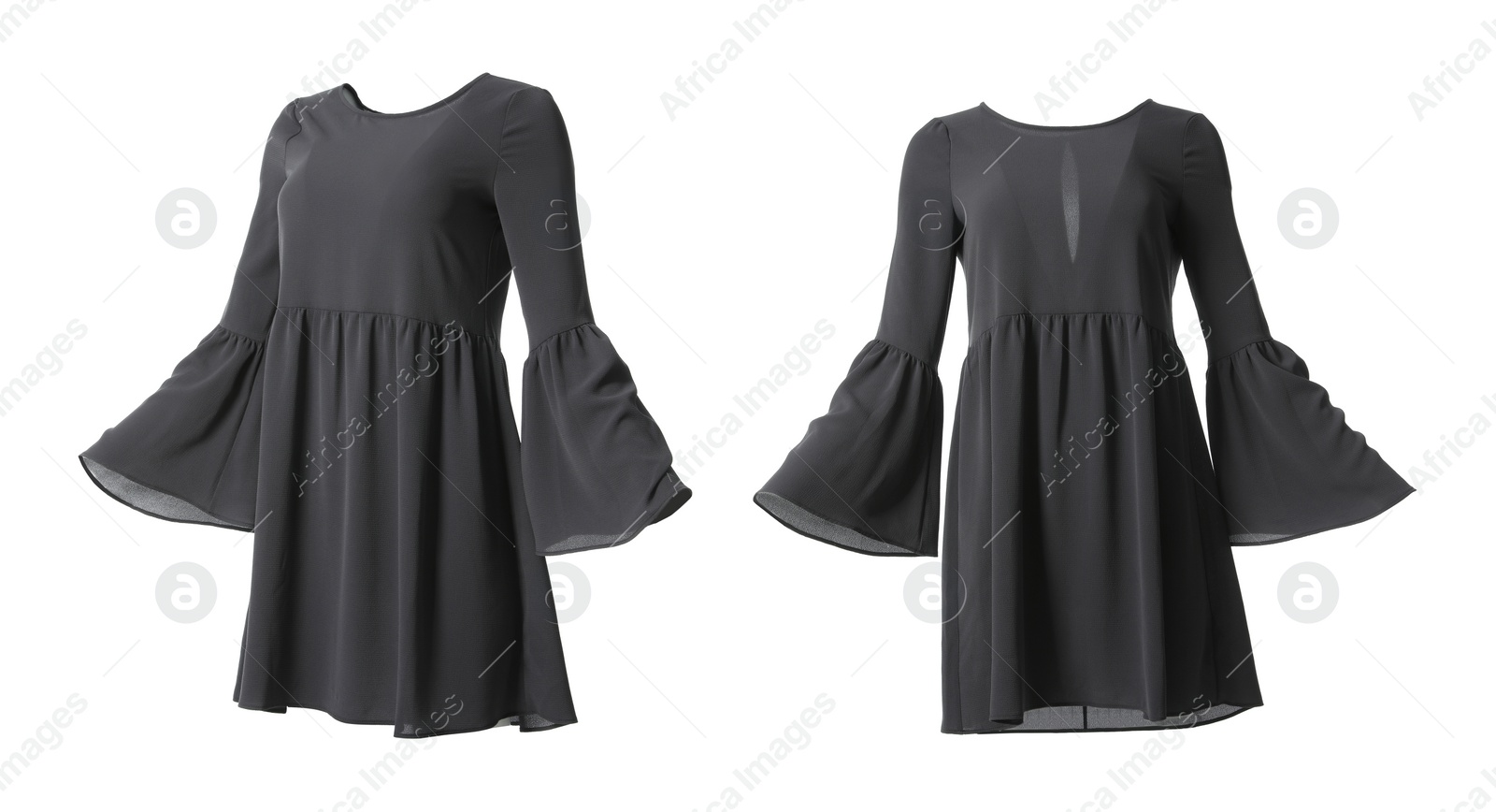 Image of Beautiful short black dresses from different views on white background