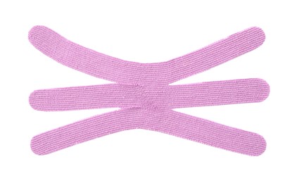 Violet kinesio tape piece on white background, top view