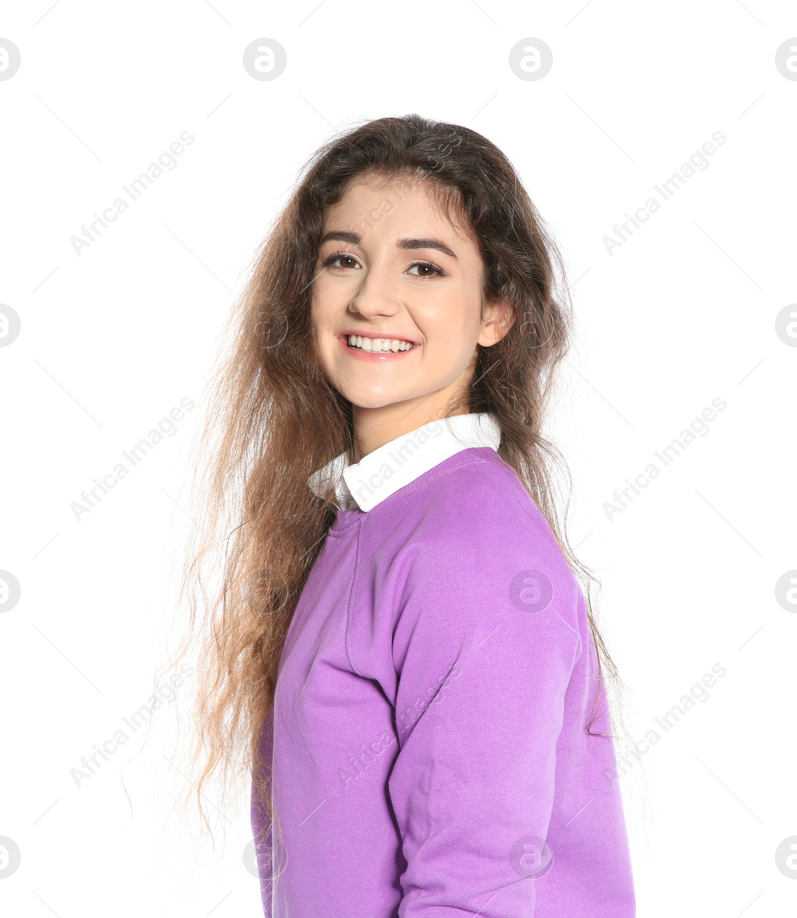 Photo of Beautiful young woman in stylish clothes on white background