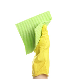 Photo of Person in rubber glove with rag on white background, closeup of hand