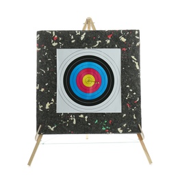 Photo of Arrow in archery target isolated on white