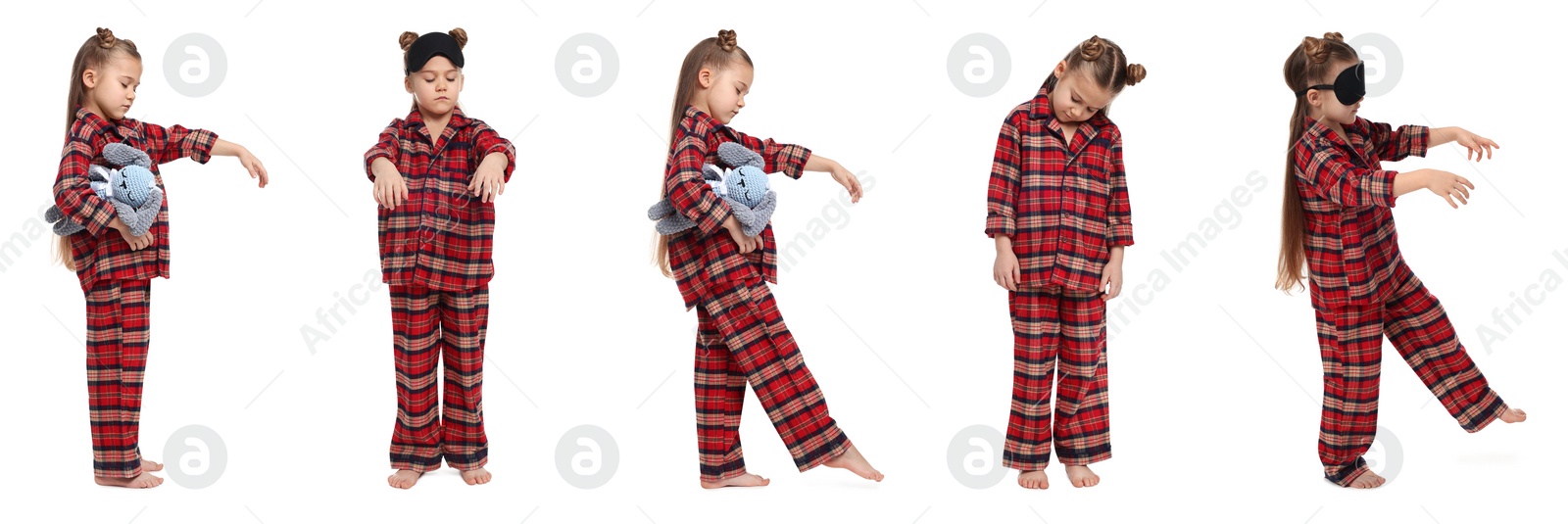 Image of Collage with photos of girl sleepwalking on white background