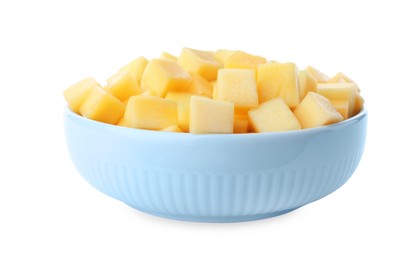 Photo of Tasty mango cubes in ceramic bowl isolated on white