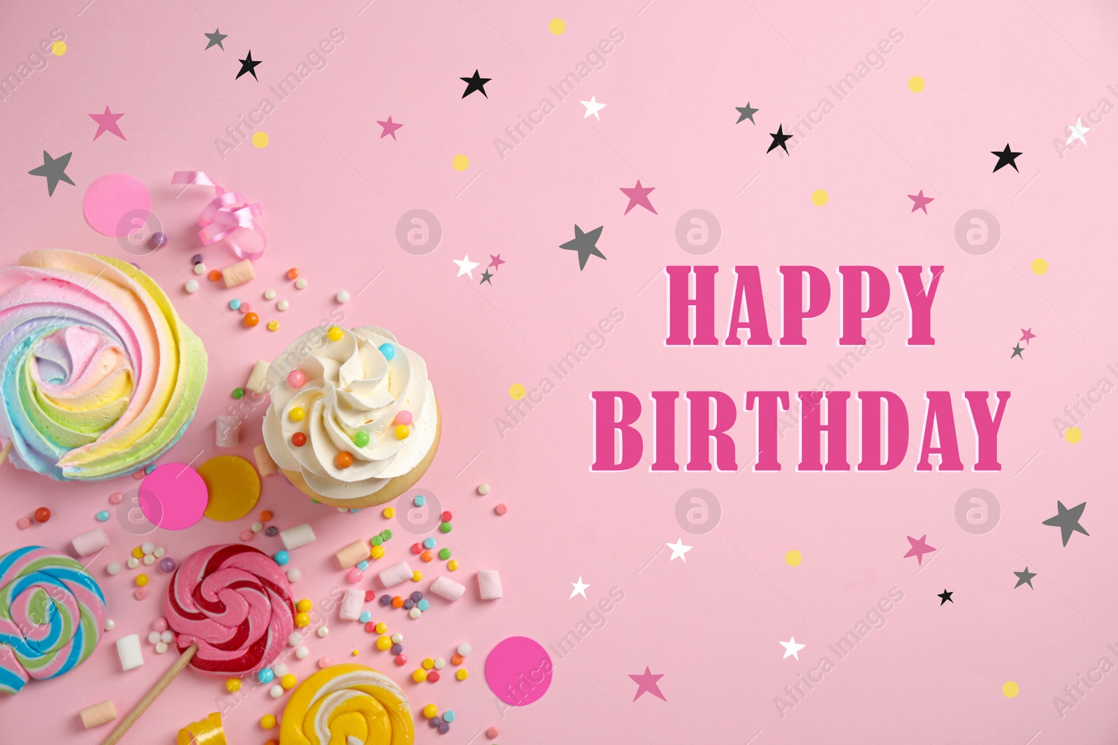 Image of Flat lay composition with delicious cupcake and text Happy Birthday on pink background