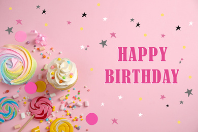 Image of Flat lay composition with delicious cupcake and text Happy Birthday on pink background