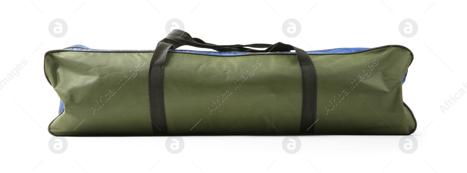 Photo of Case with tent on white background. Camping equipment