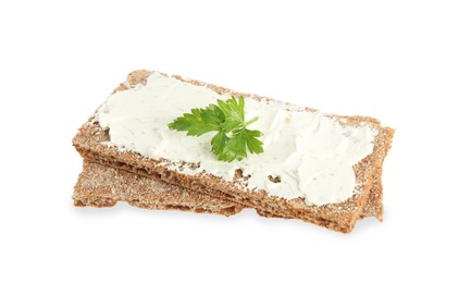 Photo of Fresh rye crispbreads with cream cheese and parsley on white background