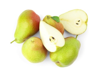 Photo of Heap of ripe juicy pears isolated on white, top view