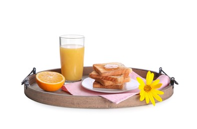 Wooden tray with delicious breakfast and beautiful flower on white background