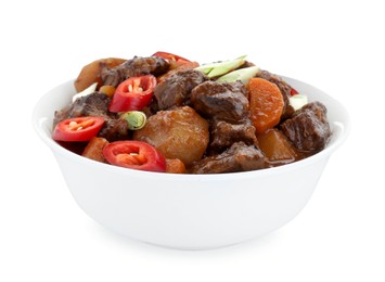 Photo of Delicious beef stew with carrots, chili peppers, green onions and potatoes on white background