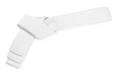 Photo of Karate belt isolated on white, top view