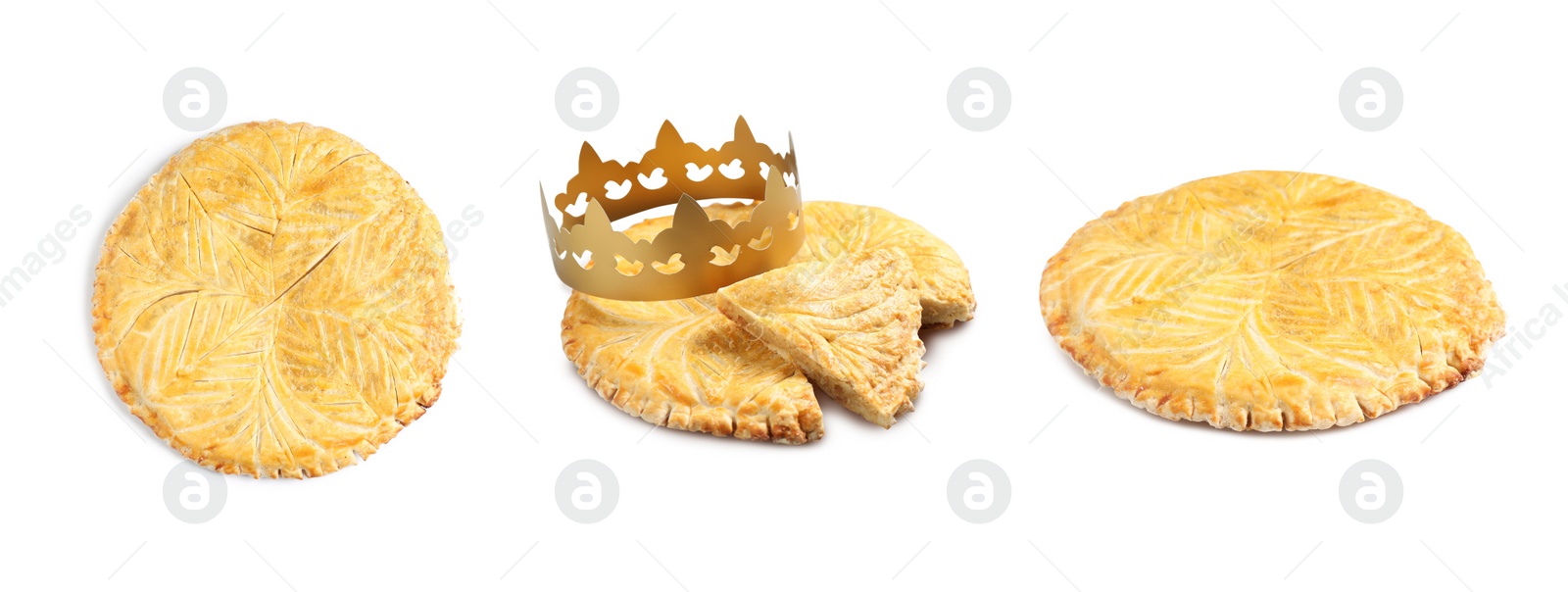 Image of Set of traditional delicious galettes des rois on white background. Banner design