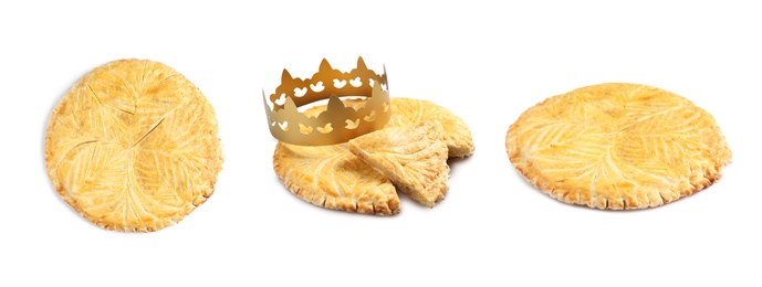 Set of traditional delicious galettes des rois on white background. Banner design