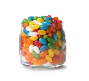 Photo of Glass jar of tasty bright jelly beans isolated on white