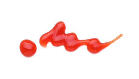 Photo of Tasty ketchup smear isolated on white, top view. Tomato sauce