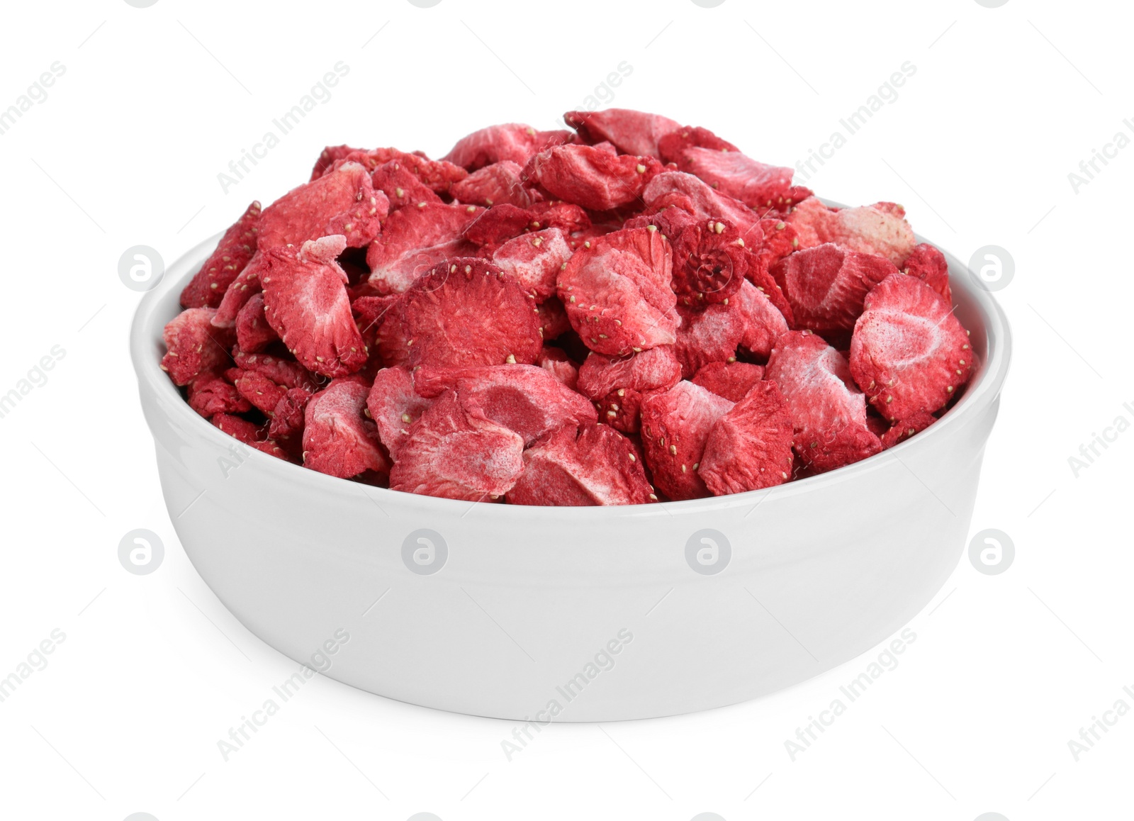 Photo of Freeze dried strawberries in bowl on white background