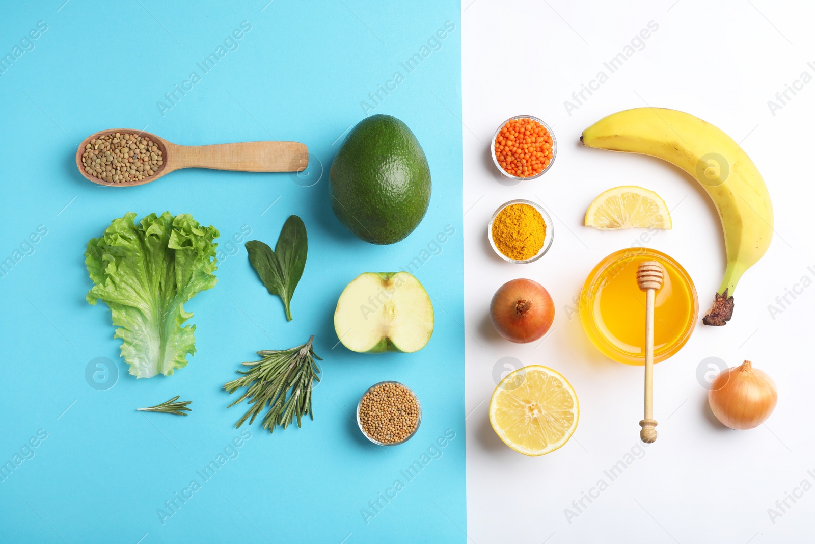 Photo of Flat lay composition with natural products as home remedies for asthma on color background