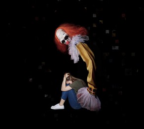 Image of Suffering from hallucinations. Scared woman hiding head because of scary clown hoovering over her on black background