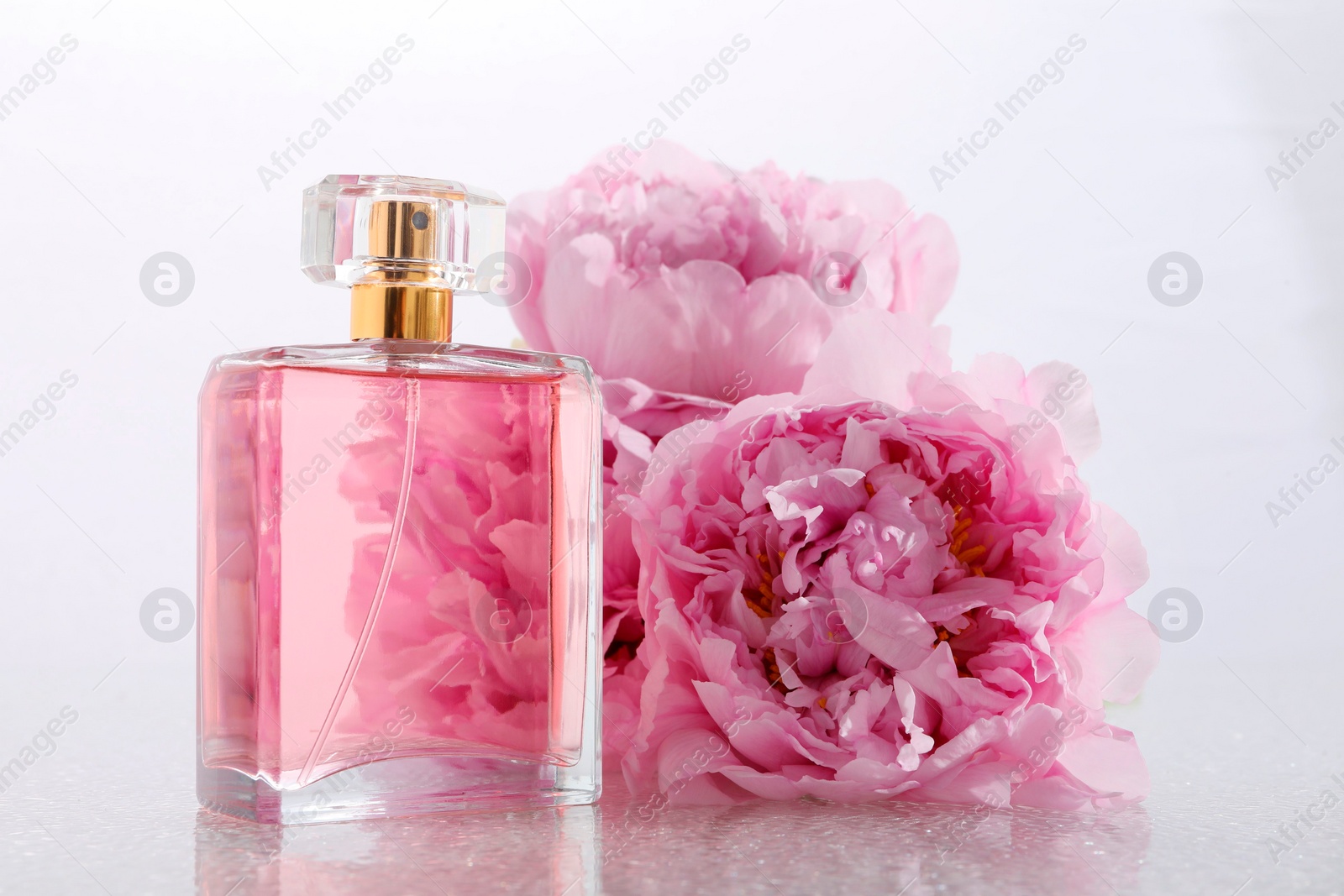 Photo of Luxury perfume and floral decor on plastic surface