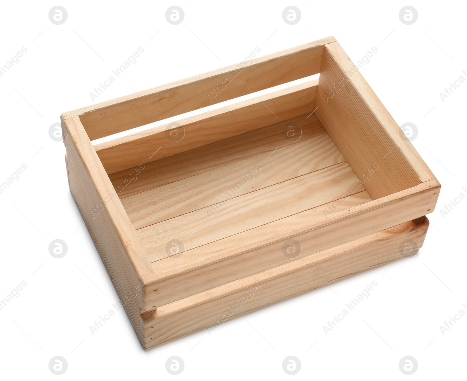 Photo of Empty brown wooden crate on white background