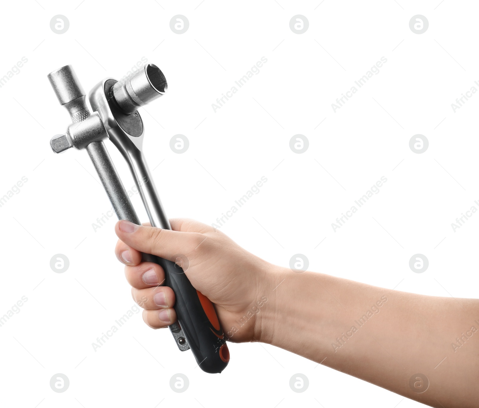 Photo of Auto mechanic holding different wrenches isolated on white, closeup