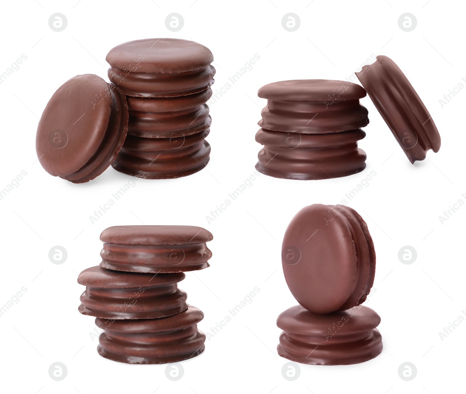 Image of Set with tasty choco pies on white background 